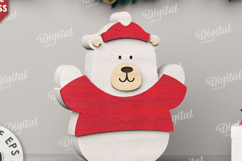 Intra απο ξύλο plywood 3mm-4mm πάχος Τρισδιάστατη χριστουγεννιάτικη πολική αρκούδα Δίασταση 15x15 cm INTRAFABR-110758995