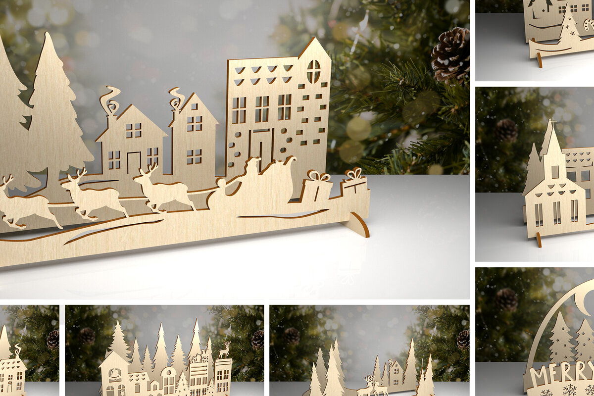 Intra απο ξύλο plywood 3mm-4mm πάχος Τρισδιάστατη δέσμη χριστουγεννιάτικων χωριών με λέιζερ Δίασταση 15x15 cm INTRAFABR-80774241