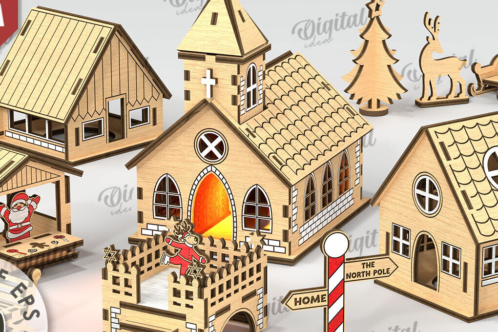 Intra απο ξύλο plywood 3mm-4mm πάχος Τρισδιάστατη δέσμη Χριστουγεννιάτικου χωριού Δίασταση 15x15 cm INTRAFABR-110112094