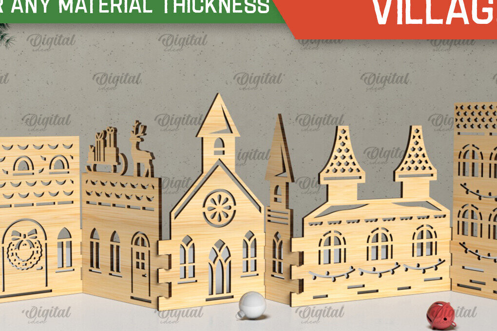 Intra απο ξύλο plywood 3mm-4mm πάχος Τρισδιάστατη Χριστουγεννιάτικου χωριού. Χριστούγεννα Δίασταση 15x15 cm INTRAFABR-105568528