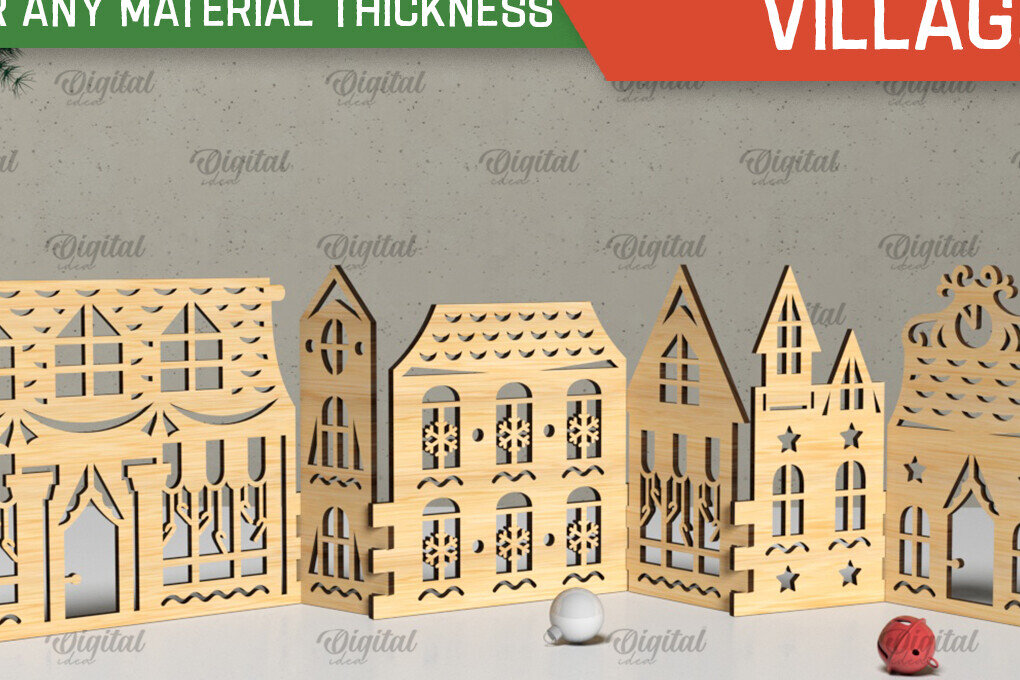 Intra απο ξύλο plywood 3mm-4mm πάχος Τρισδιάστατη Χριστουγεννιάτικου χωριού. Χριστούγεννα Δίασταση 15x15 cm INTRAFABR-105568484