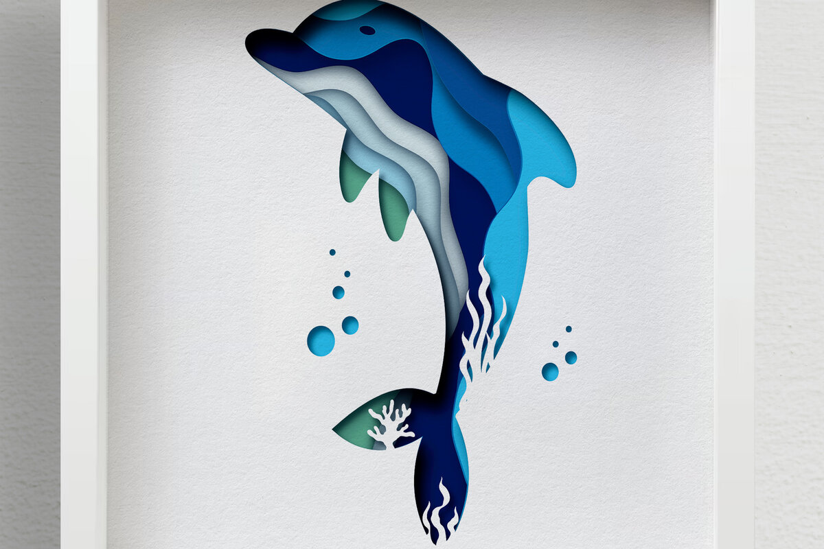 Intra απο ξύλο plywood 3mm-4mm πάχος 3D Dolphin Shadow Box , Papercut Δίασταση 30x30 cm INTRAFABR-57751311 - Image 1