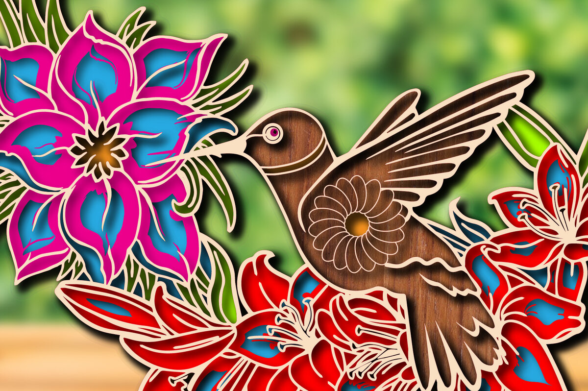 Intra απο ξύλο plywood 3mm-4mm πάχος 3D Floral Μάνταλα με στρώσεις κολιμπρί Δίασταση 30x30 cm INTRAFABR-25149438