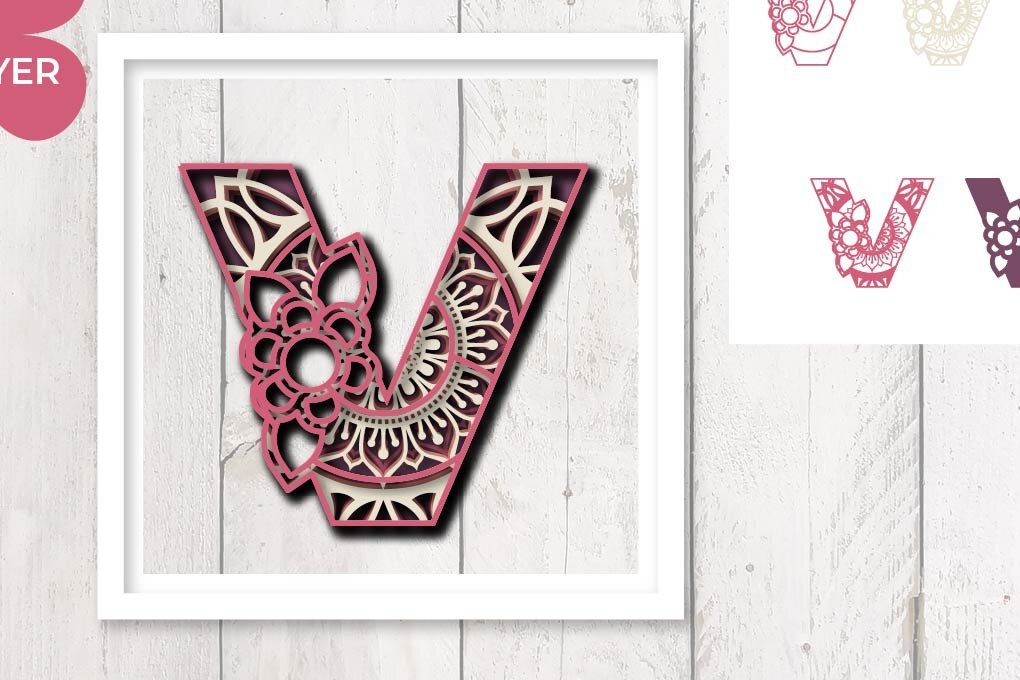 Intra απο ξύλο plywood 3mm-4mm πάχος 3D Floral Letter V Mandala Layer Δίασταση 30x30 cm INTRAFABR-30442846