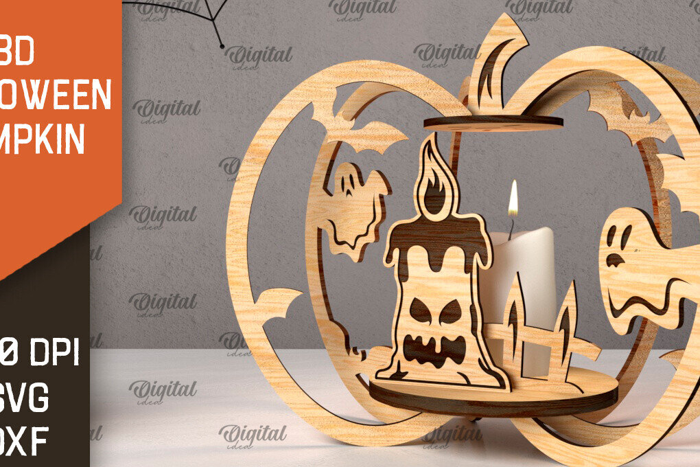 Intra απο ξύλο plywood 3mm-4mm πάχος Τρισδιάστατο σχέδιο αποκοπής λέιζερ κολοκύθας αποκριών Δίασταση 15x15 cm INTRAFABR-107014097