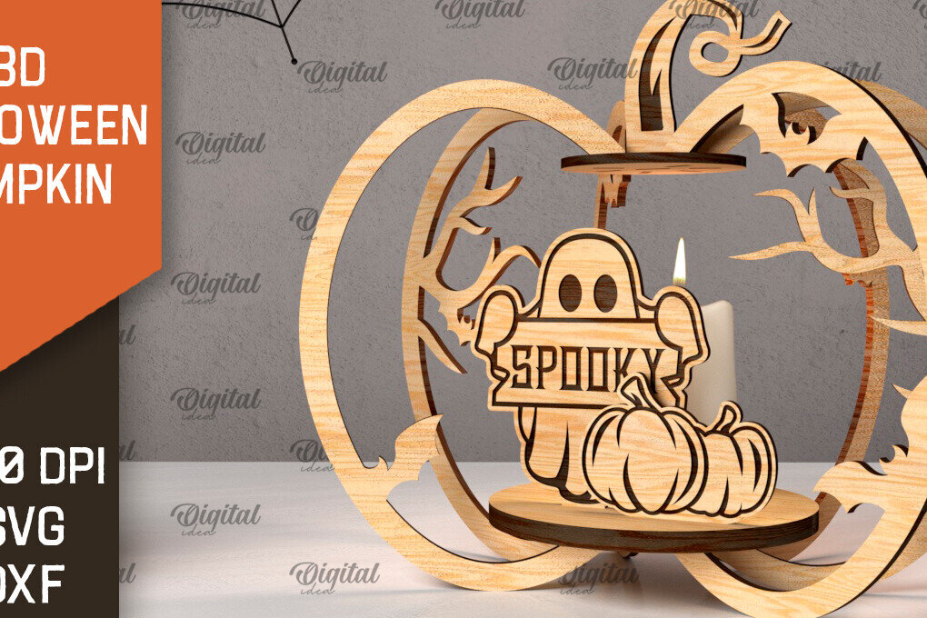 Intra απο ξύλο plywood 3mm-4mm πάχος Τρισδιάστατο σχέδιο αποκοπής λέιζερ κολοκύθας αποκριών Δίασταση 15x15 cm INTRAFABR-107013597