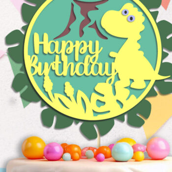 Intra απο ξύλο plywood 3mm-4mm πάχος 3d Happy Birthday Cake Topper, Dino Δίασταση 15x15 cm INTRAFABR-119667273 - Image 1