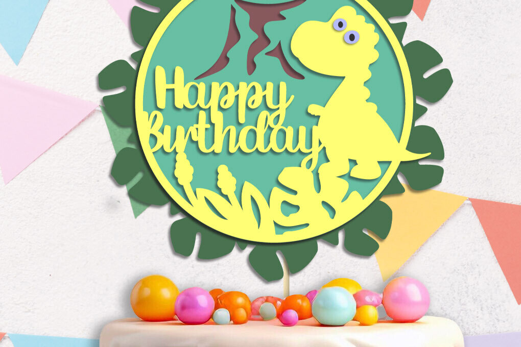 Intra απο ξύλο plywood 3mm-4mm πάχος 3d Happy Birthday Cake Topper, Dino Δίασταση 15x15 cm INTRAFABR-119667273 - Image 1
