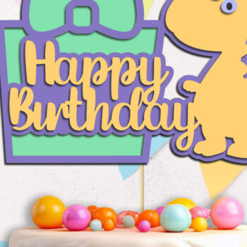Intra απο ξύλο plywood 3mm-4mm πάχος 3d Happy Birthday , Dino Cake Topper Δίασταση 15x15 cm INTRAFABR-119666932 - Image 1