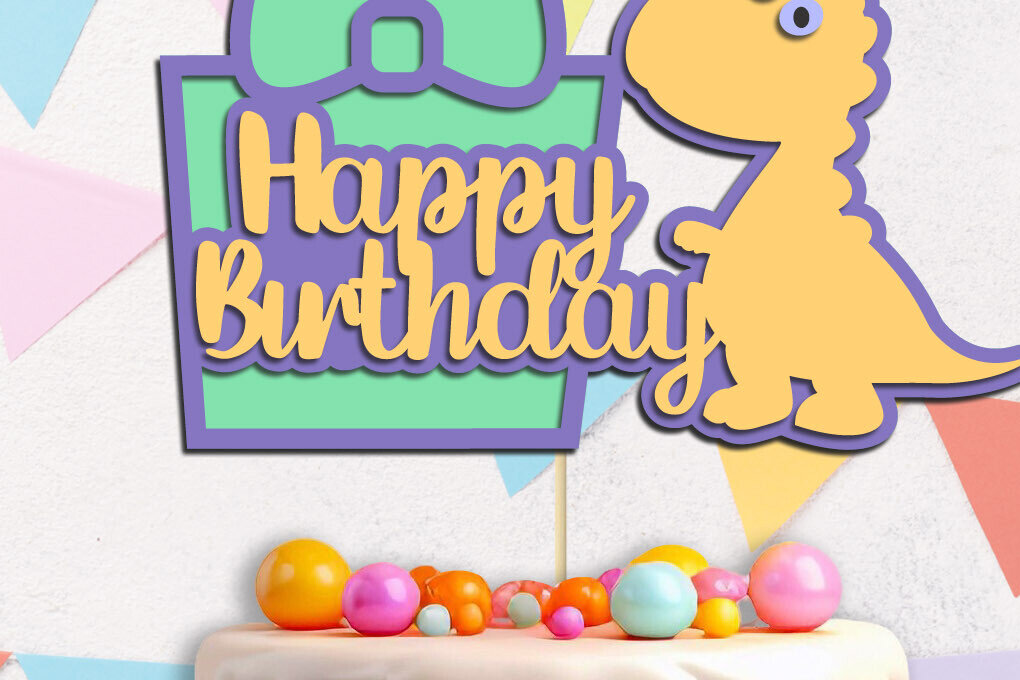 Intra απο ξύλο plywood 3mm-4mm πάχος 3d Happy Birthday , Dino Cake Topper Δίασταση 15x15 cm INTRAFABR-119666932 - Image 1