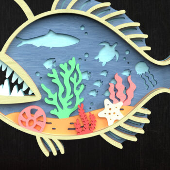 Intra απο ξύλο plywood 3mm-4mm πάχος Τρισδιάστατη σκηνή ωκεανού ψαριών ψαράδων Δίασταση 8x8 cm INTRAFABR-119952429 - Image 1