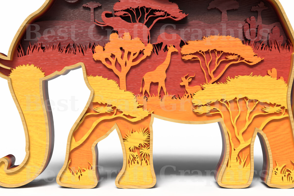 Intra απο ξύλο plywood 3mm-4mm πάχος Σκηνή σαφάρι με 3D επίπεδα ελέφαντα Δίασταση 20x30 cm INTRAFABR-121580098