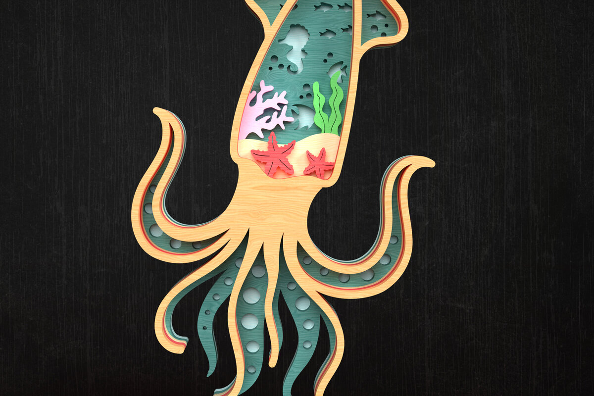 Intra απο ξύλο plywood 3mm-4mm πάχος Σκηνή ωκεανού τρισδιάστατου καλαμαριού Δίασταση 8x8 cm INTRAFABR-119952321