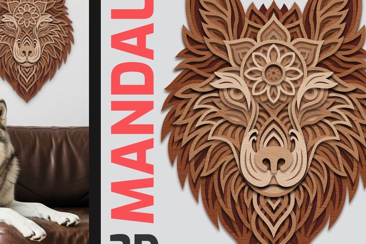 Intra απο ξύλο plywood 3mm-4mm πάχος 3D Layered Wolf Mandala | Τέχνη τοίχου Δίασταση 30x30 cm INTRAFABR-123423192 - Image 1