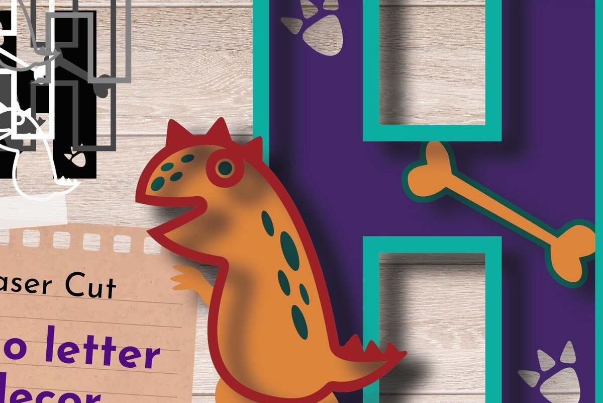 Intra απο ξύλο plywood 3mm-4mm πάχος 3D LETTER H , Dinosaur Δίασταση 30x20 cm INTRAFABR-59520110 - Image 1