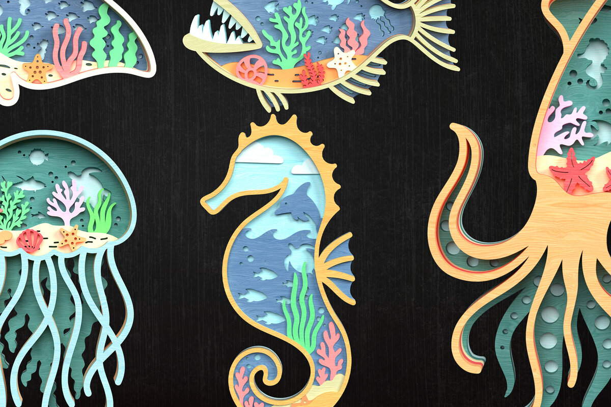 Intra απο ξύλο plywood 3mm-4mm πάχος 3D δέσμη με στρώσεις ζώων ωκεανού Δίασταση 8x8 cm INTRAFABR-119952500