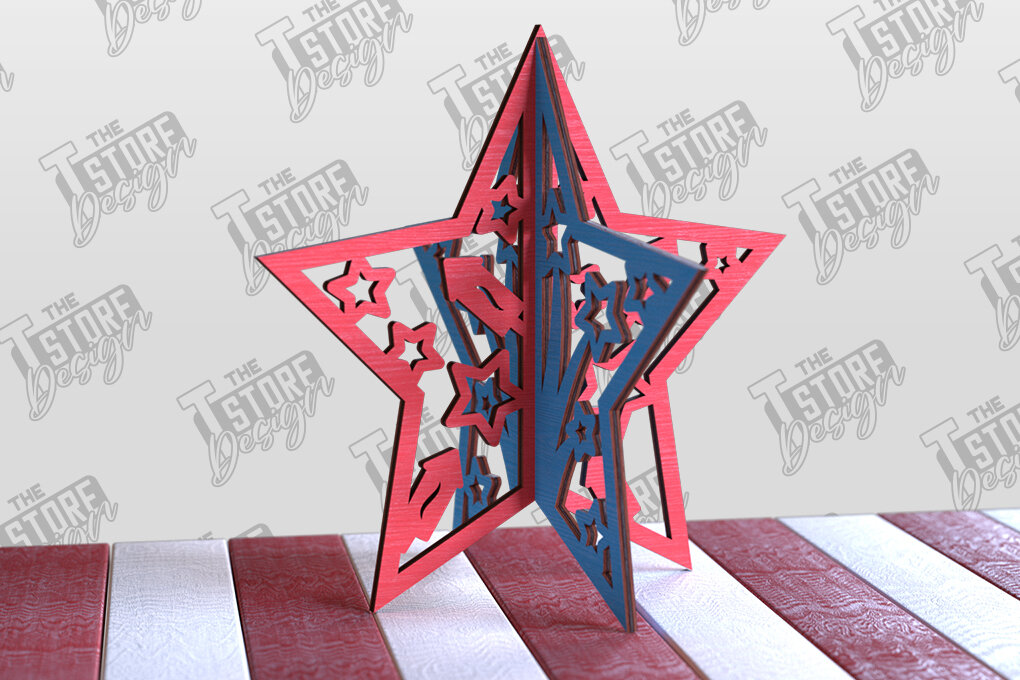 Intra απο ξύλο plywood 3mm-4mm πάχος 3D Patriotic Stars |CNC Δίασταση 15x15 cm INTRAFABR-97758202 - Image 2