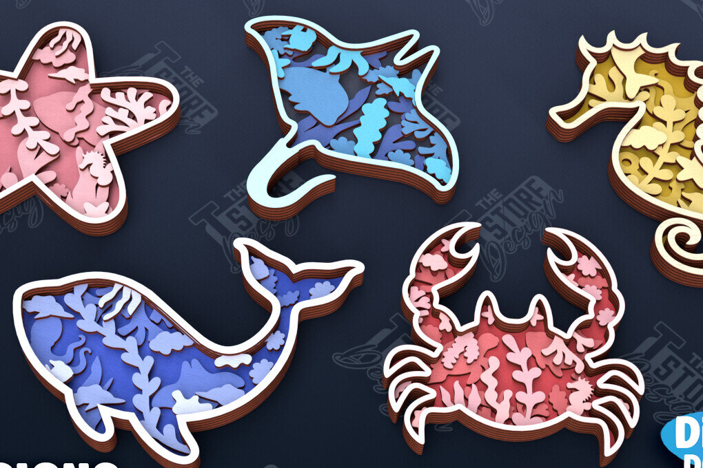 Intra απο ξύλο plywood 3mm-4mm πάχος Δέσμη κοπής με λέιζερ με 3D Sea Layered Animals Δίασταση 15x15 cm INTRAFABR-101770307