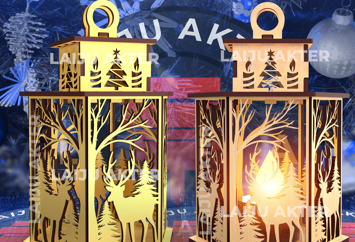 Intra απο ξύλο plywood 3mm-4mm πάχος Τρισδιάστατο Χριστουγεννιάτικο Φανάρι με λέιζερ 02 Δίασταση 15x15 cm INTRAFABR-84703108