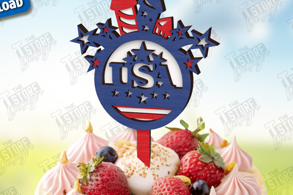 Intra απο ξύλο plywood 3mm-4mm πάχος 4 Ιουλίου Cake Topper | CNC Δίασταση 30x20 cm INTRAFABR-121893598 - Image 1