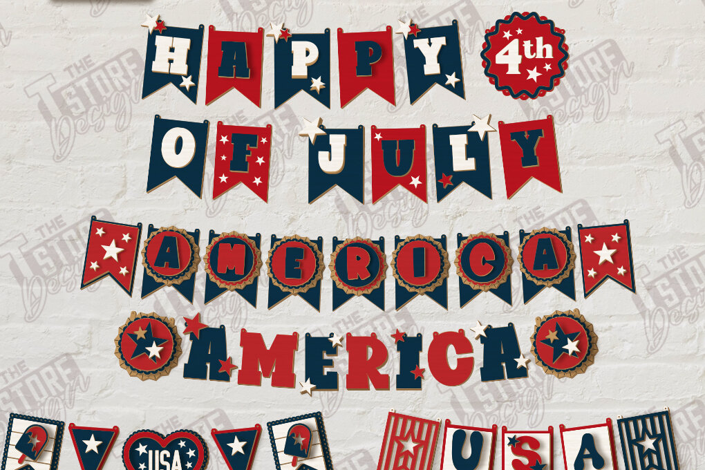 Intra απο ξύλο plywood 3mm-4mm πάχος κοπής με λέιζερ Garland 4 Ιουλίου|CNC Δίασταση 50x20 cm INTRAFABR-121891647