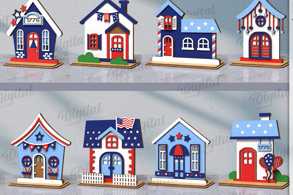 Intra απο ξύλο plywood 3mm-4mm πάχος 4η Ιουλίου Houses Cut  Δίασταση 30x20 cm INTRAFABR-121600268