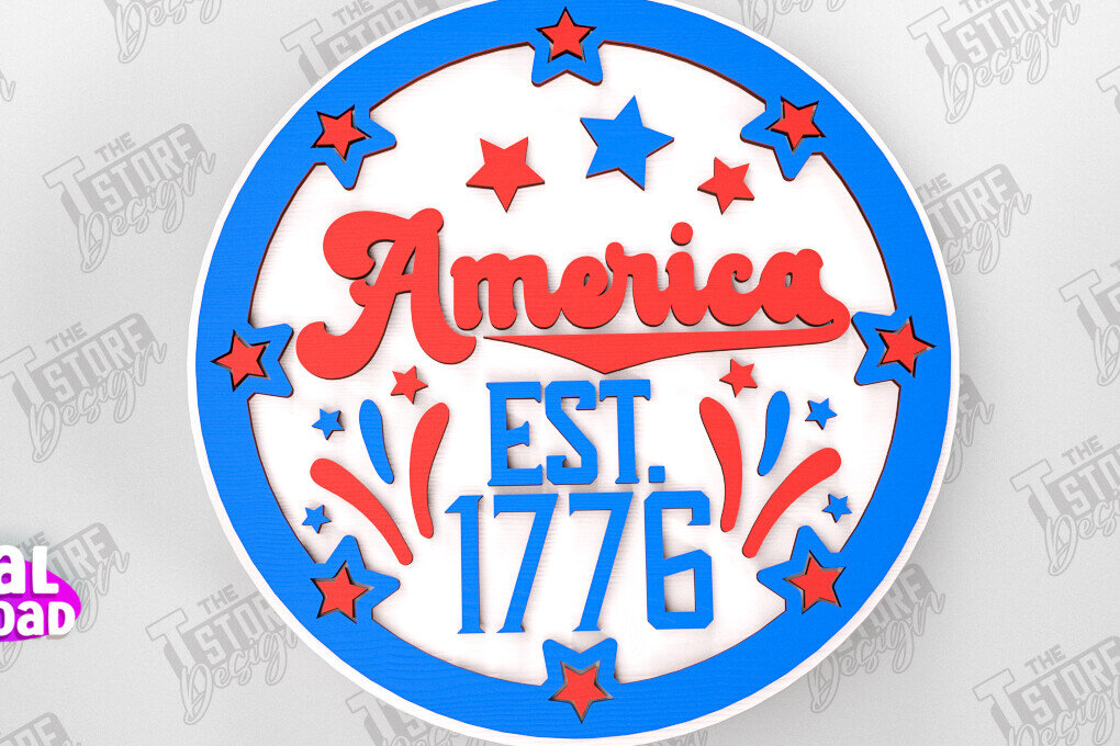 Intra απο ξύλο plywood 3mm-4mm πάχος Στρογγυλή πινακίδα 4ης Ιουλίου | Πατριωτικό σημάδι Δίασταση 30x20 cm INTRAFABR-98475763