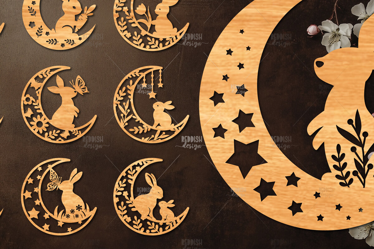 Intra απο ξύλο plywood 3mm-4mm πάχος Σχέδιο κοπής με λέιζερ 9 Moon Bunny Δίασταση 15x15 cm INTRAFABR-118882410