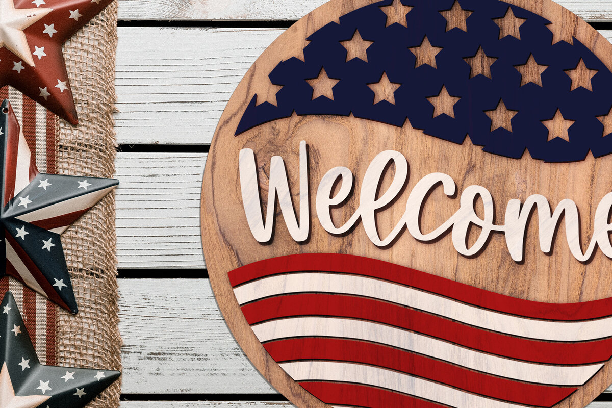 Intra απο ξύλο plywood 3mm-4mm πάχος Καλωσορίσατε στο American Flag Circle Δίασταση 30x20 cm INTRAFABR-13239520 - Image 3