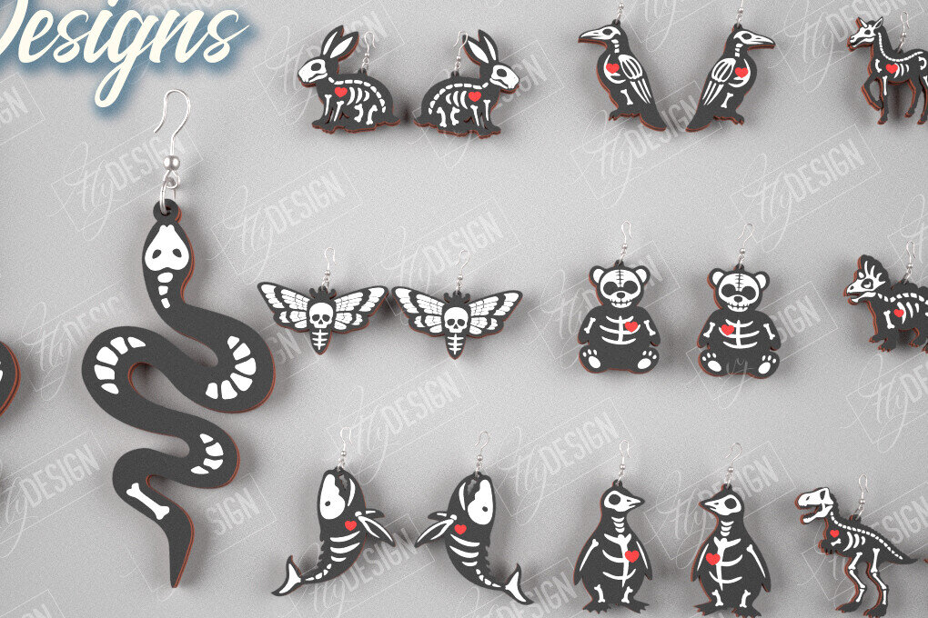 Intra απο ξύλο plywood 3mm-4mm πάχος σκουλαρίκια με σκελετούς ζώων | CNC Δίασταση 3x3 cm INTRAFABR-105272081