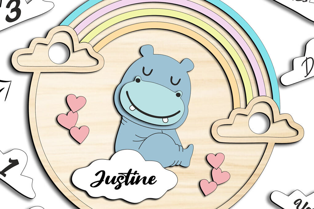 Intra απο ξύλο plywood 3mm-4mm πάχος Δώρο για νεογέννητο Baby Hippo Milestones Board Δίασταση 9x9 cm INTRAFABR-102609493 - Image 2