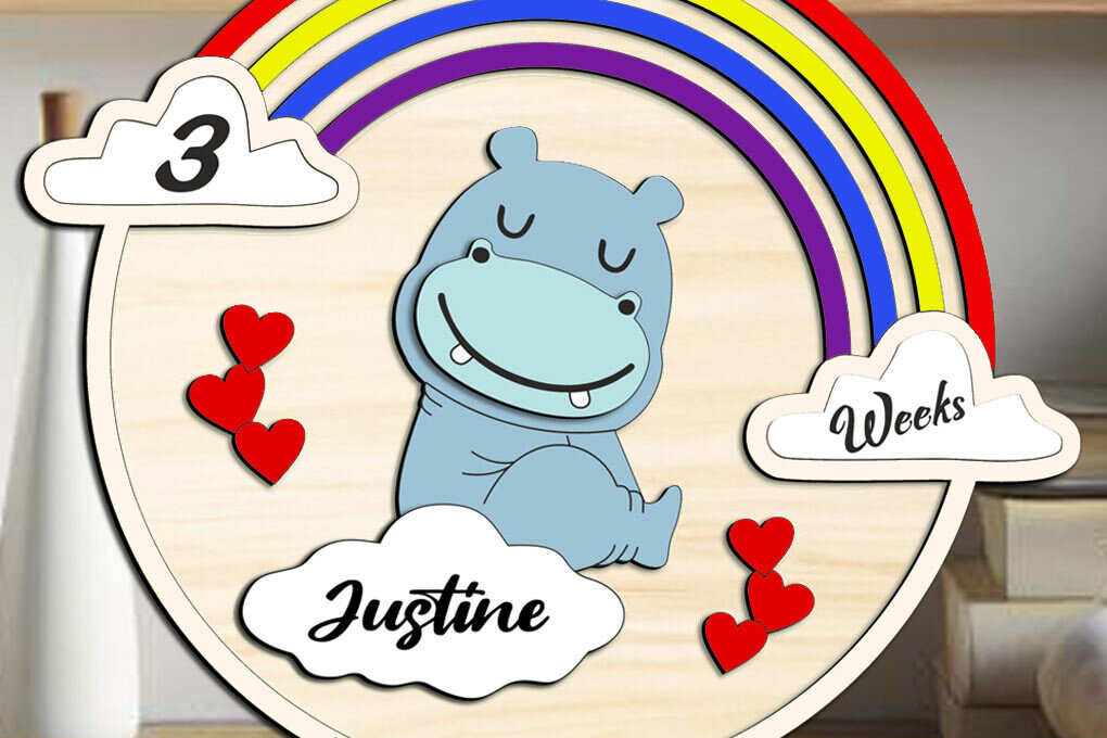 Intra απο ξύλο plywood 3mm-4mm πάχος Δώρο για νεογέννητο Baby Hippo Milestones Board Δίασταση 9x9 cm INTRAFABR-102609493 - Image 3