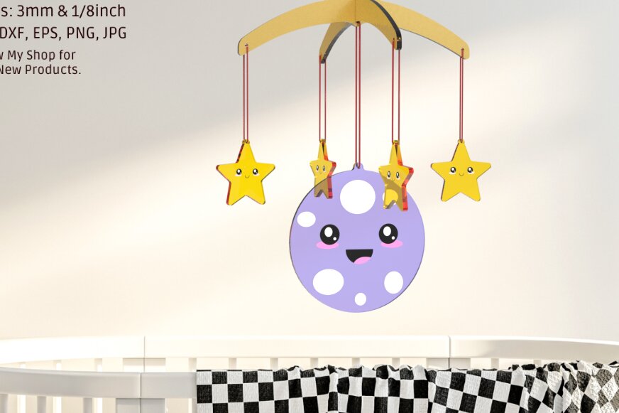 Intra απο ξύλο plywood 3mm-4mm πάχος Baby Mobile Moon and Star | | Λέιζερ Δίασταση 15x15 cm INTRAFABR-84402638 - Image 1