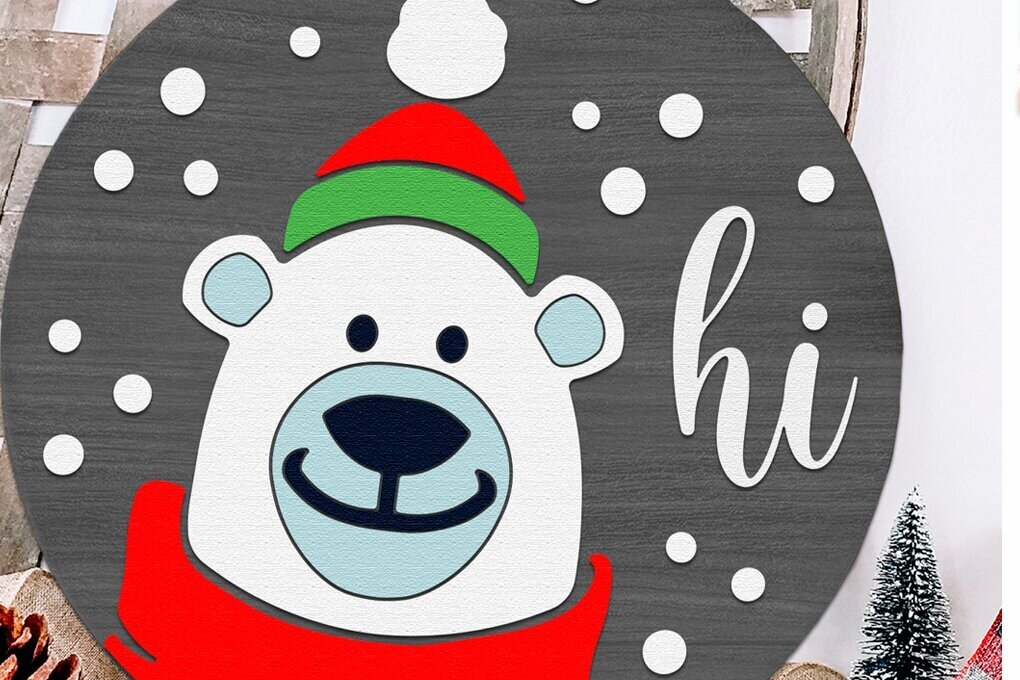 Intra απο ξύλο plywood 3mm-4mm πάχος Bear Hi , Xmas Door Sign Cut File Δίασταση 15x15 cm INTRAFABR-112035819