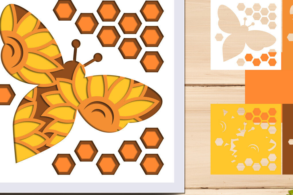 Intra απο ξύλο plywood 3mm-4mm πάχος Bee and Sunflower 3d Shadow Box Δίασταση 8x8 cm INTRAFABR-97111660
