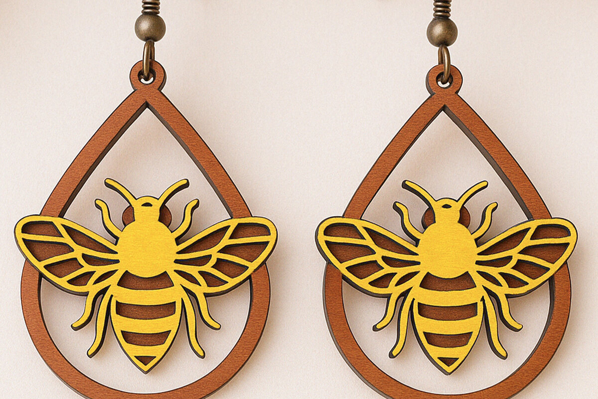 Intra απο ξύλο plywood 3mm-4mm πάχος Σκουλαρίκια Bee Drop  Δίασταση 3x3 cm INTRAFABR-120635794