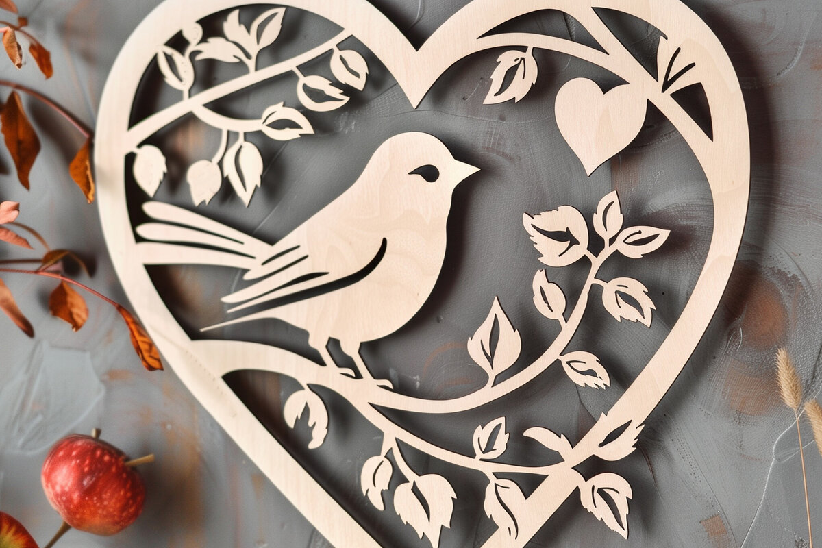 Intra απο ξύλο plywood 3mm-4mm πάχος Bird in Heart Decor τοίχου με λέιζερ Δίασταση 4x4 cm INTRAFABR-99035275 - Image 1