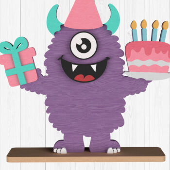 Intra απο ξύλο plywood 3mm-4mm πάχος Birthday Monster Cake & Gift Δίασταση 15x15 cm INTRAFABR-111001660 - Image 1