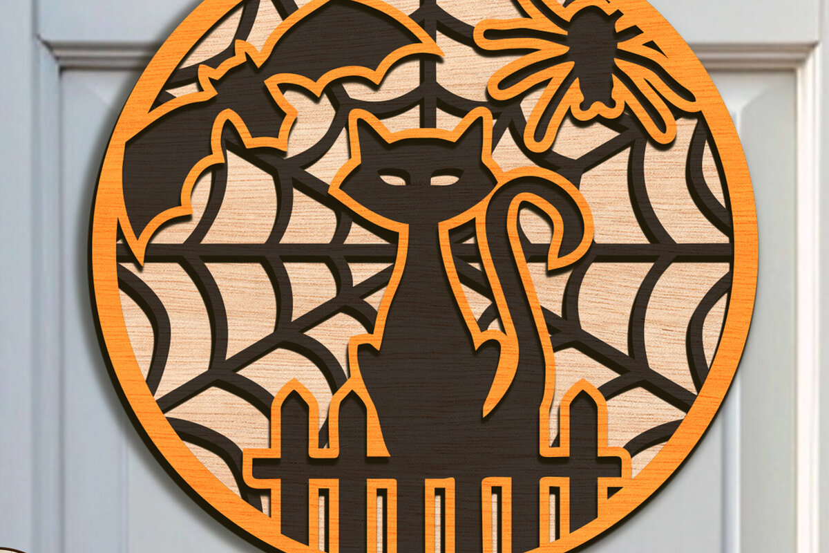 Intra απο ξύλο plywood 3mm-4mm πάχος Μαύρη γάτα κρεμάστρα πόρτας αποκριών Δίασταση 15x15 cm INTRAFABR-103650458