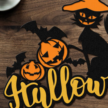 Intra απο ξύλο plywood 3mm-4mm πάχος Μαύρη γάτα με καπέλο Halloween ντεκόρ Δίασταση 15x15 cm INTRAFABR-104132200 - Image 1