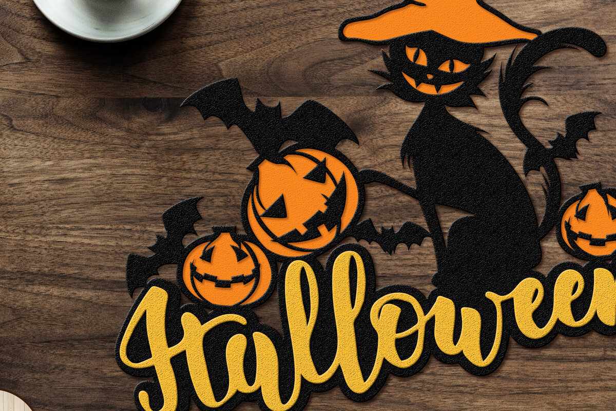 Intra απο ξύλο plywood 3mm-4mm πάχος Μαύρη γάτα με καπέλο Halloween ντεκόρ Δίασταση 15x15 cm INTRAFABR-104132200