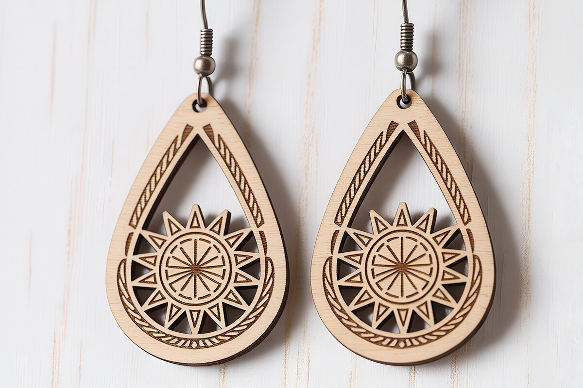 Intra απο ξύλο plywood 3mm-4mm πάχος Σκουλαρίκια Boho Sunburst Teardrop Δίασταση 3x3 cm INTRAFABR-121542444