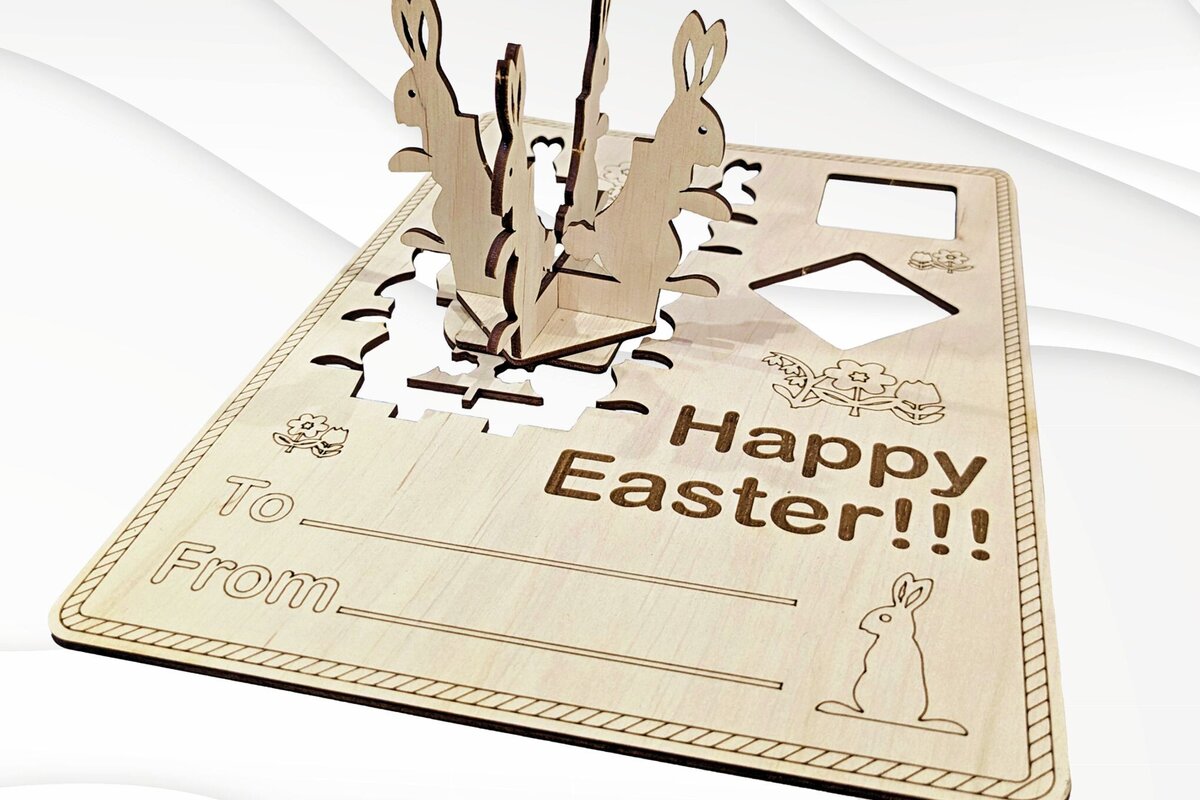Intra απο ξύλο plywood 3mm-4mm πάχος Πασχαλινή κάρτα λαγουδάκι, σχέδιο κοπής με λέιζερ. Δίασταση 15x15 cm INTRAFABR-119738578 - Image 1