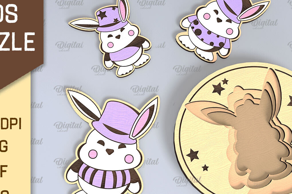 Intra απο ξύλο plywood 3mm-4mm πάχος Bunny Family Puzzle Σχέδιο κοπής με λέιζερ Δίασταση 15x15 cm INTRAFABR-108371710