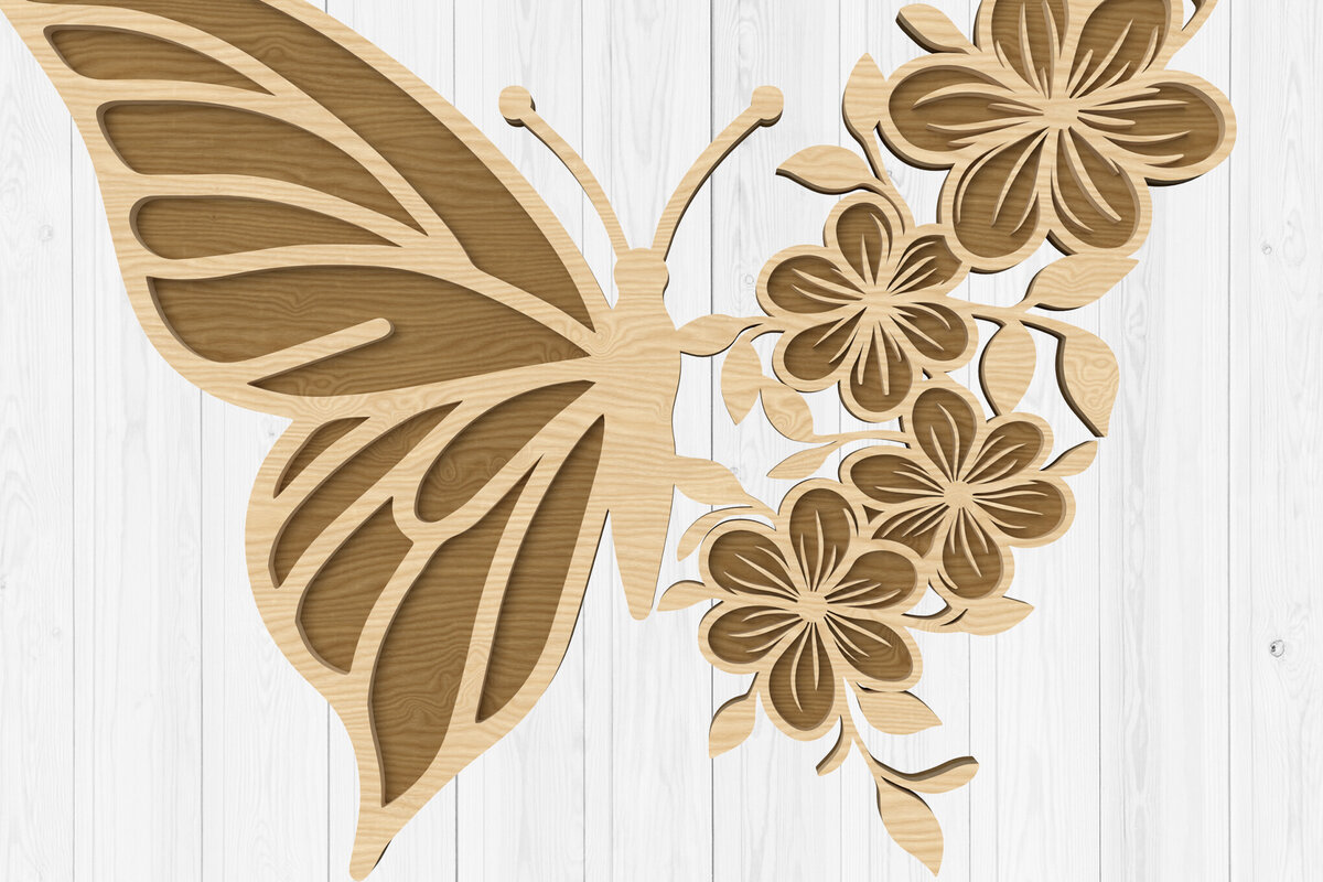 Intra απο ξύλο plywood 3mm-4mm πάχος Πεταλούδα και λουλουδάτα τέχνη τοίχου με Δίασταση 30x20 cm INTRAFABR-112746764