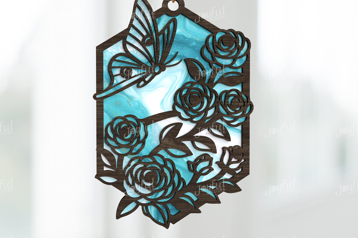 Intra απο ξύλο plywood 3mm-4mm πάχος Butterfly & Roses Suncatcher Δίασταση 30x20 cm INTRAFABR-123644362