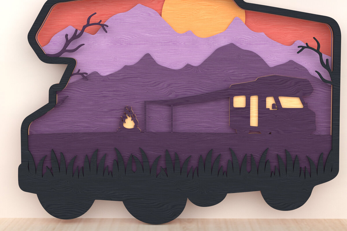 Intra απο ξύλο plywood 3mm-4mm πάχος Camper Sunset 3D Layered Wall Art Δίασταση 40x40 cm INTRAFABR-119868083