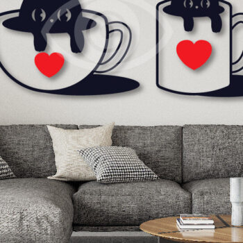 Intra απο ξύλο plywood 3mm-4mm πάχος Γάτα σε ντεκόρ τοίχου με φλιτζάνι καφέ Δίασταση 40x40 cm INTRAFABR-69275109 - Image 2