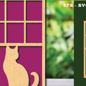 Intra απο ξύλο plywood 3mm-4mm πάχος Διακόσμηση κοπής με λέιζερ Cat in the Window 3 Δίασταση 15x15 cm INTRAFABR-113945926