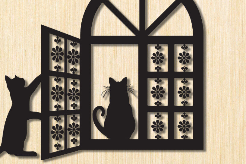 Intra απο ξύλο plywood 3mm-4mm πάχος Σχέδιο διακόσμησης τοίχου γάτα σε παράθυρο Δίασταση 15x18 cm INTRAFABR-91230110